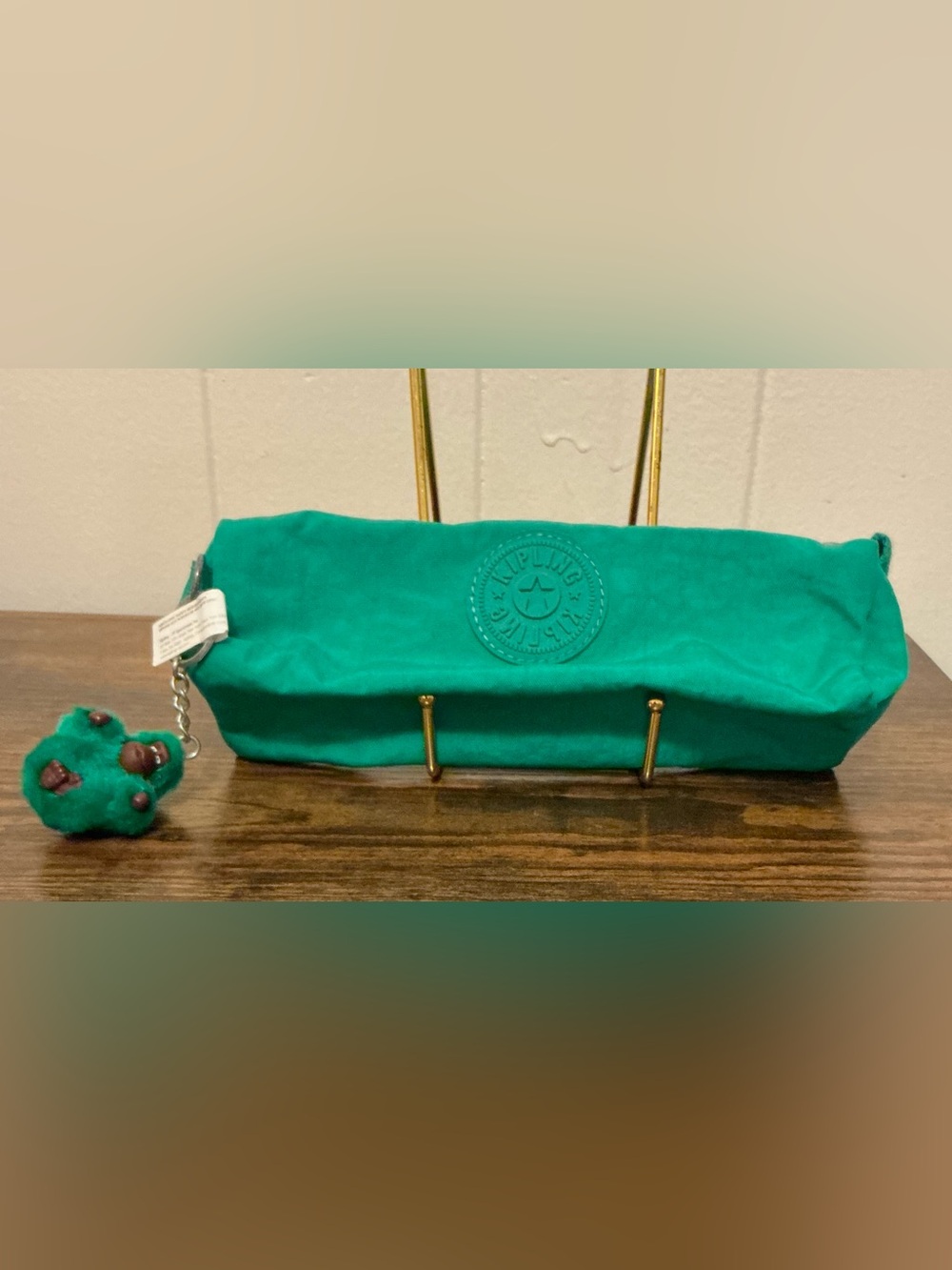 VTG Kipling Kelly Green Cylindrical Pen Pouch Cosmetic Case Bag Monkey Charm